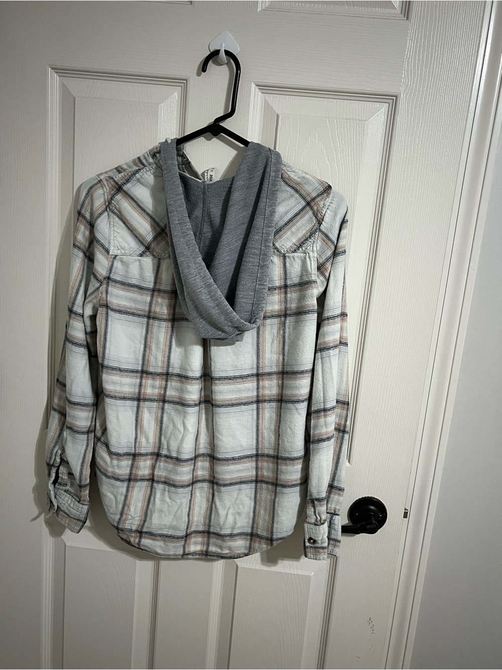 Mudd Plaid Hooded Button-Down Shirt - Cream, Gray - Picture 6 of 6